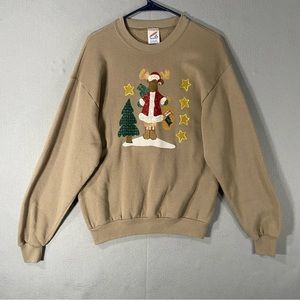 Vintage Jerzees Christmas Moose Santa Sweatshirt Brown USA Made Size Medium